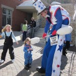 Stretch in his NON Uncle Sam, red, white and blue stilt costume. 